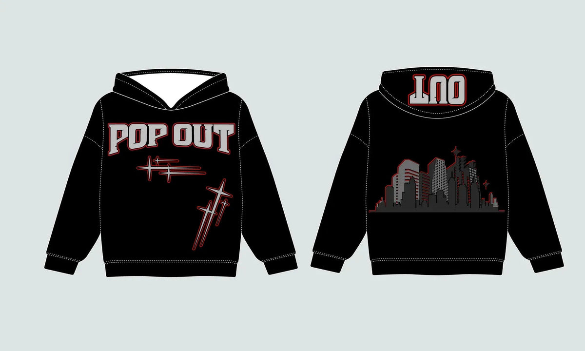 Pop Out Apparel hoodie front and back design